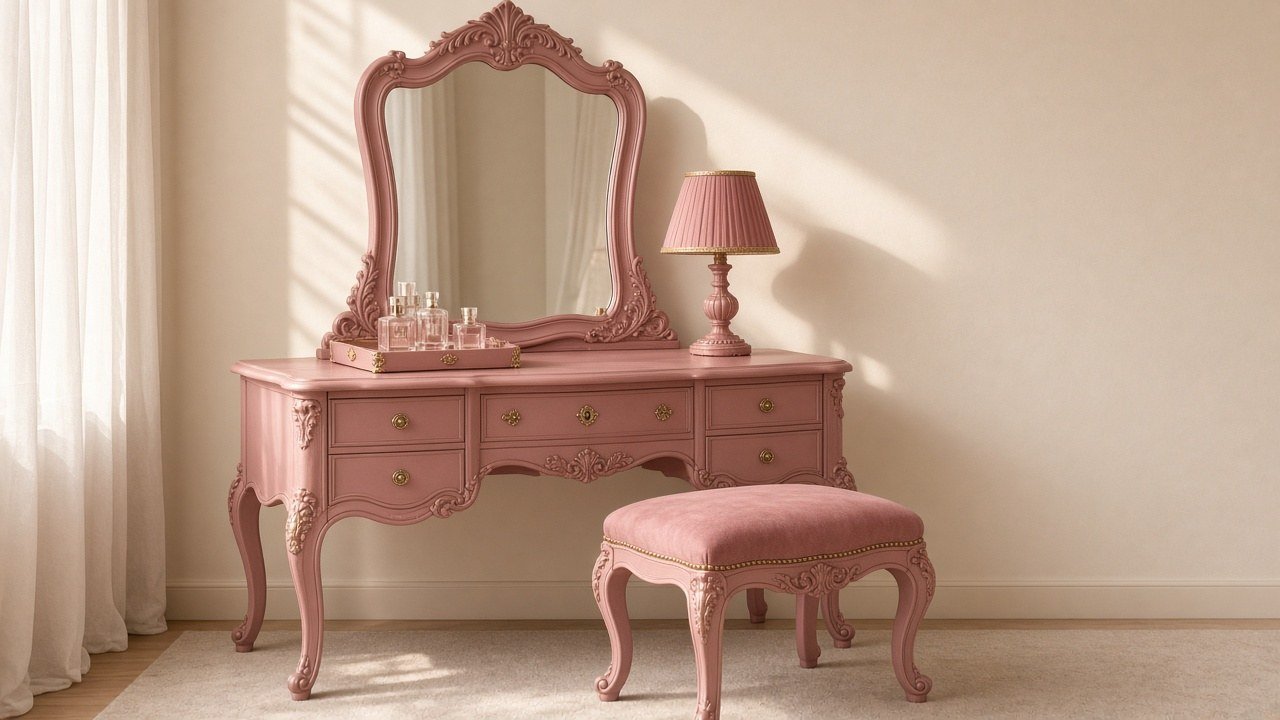 Painted vintage dresser used as a bedroom vanity with an ornate gold mirror in a blush pink room