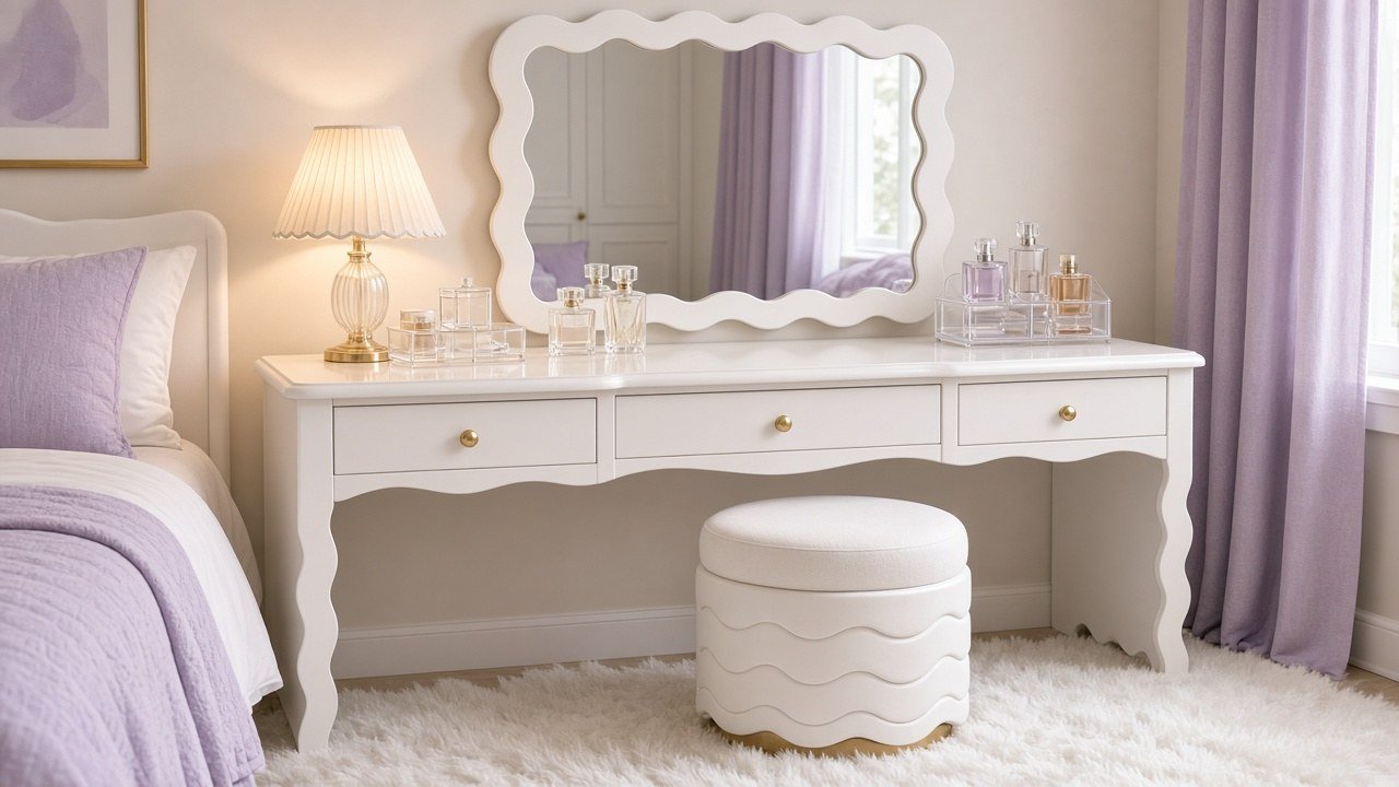 Scalloped wavy edge mirror above a cream bedroom vanity table with a blush pink wall