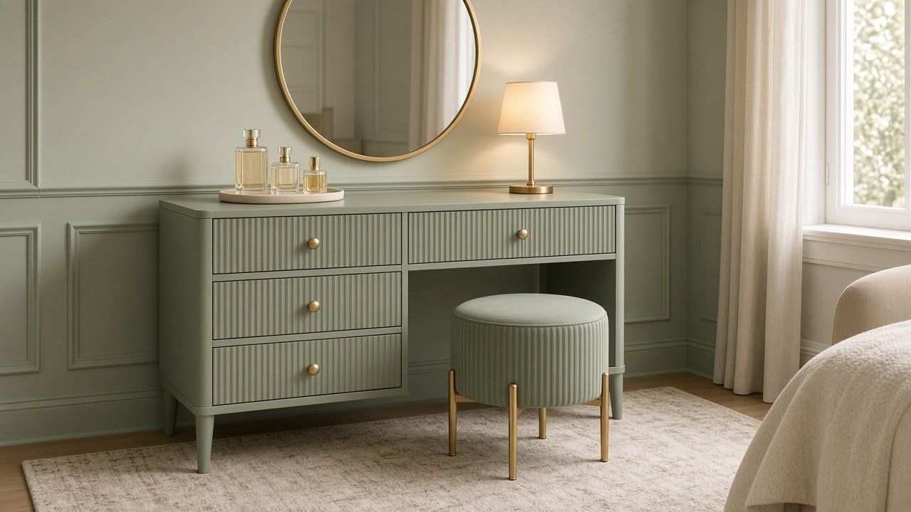 Cream fluted vanity table with vertical grooved drawer fronts and an arched mirror in a cozy bedroom
