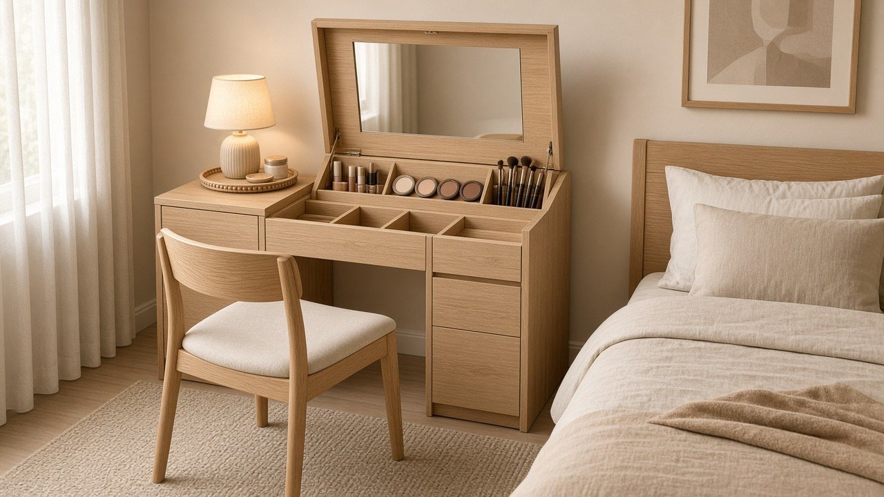 Compact vanity desk with a flip up mirror lid opened to show makeup compartments in a bedroom