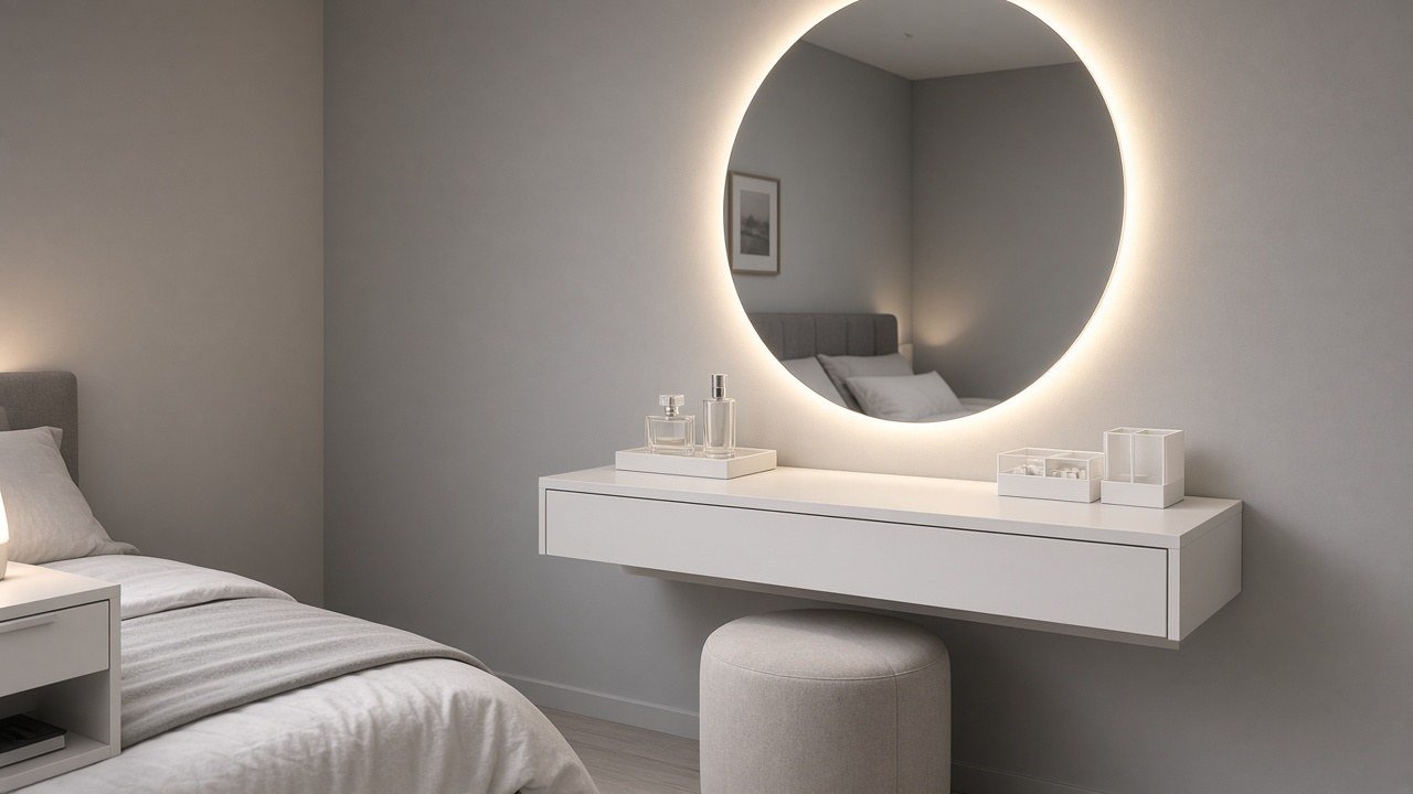 Wall mounted floating vanity shelf with a softly glowing backlit LED mirror in a blush pink bedroom