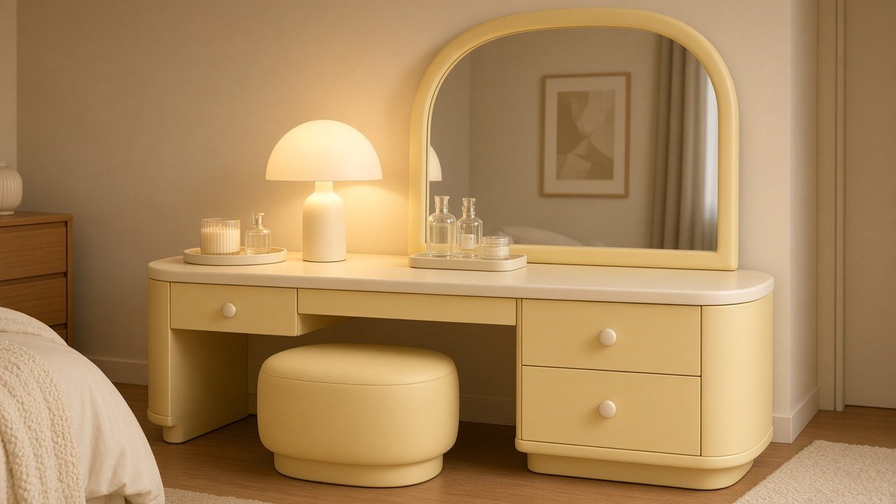 Small pastel mushroom table lamp glowing on a pink bedroom vanity beside a mirror