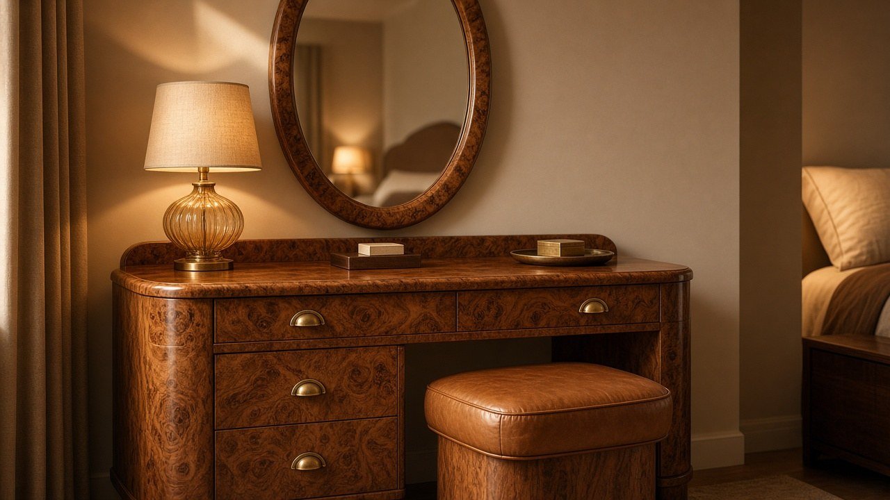 Burl wood vanity table with swirling grain, round mirror and pink stool in a warm bedroom