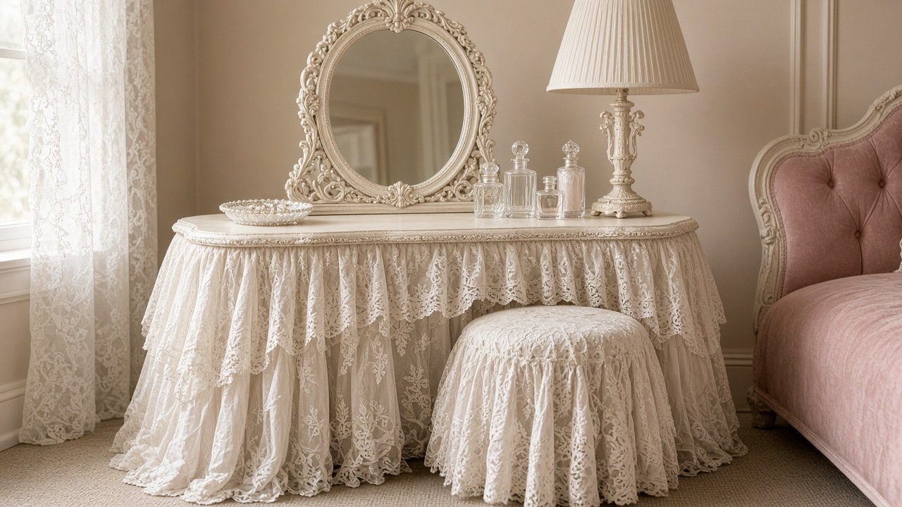 Small vanity table covered with a cream lace skirt and a doily under a mirror in a pink bedroom