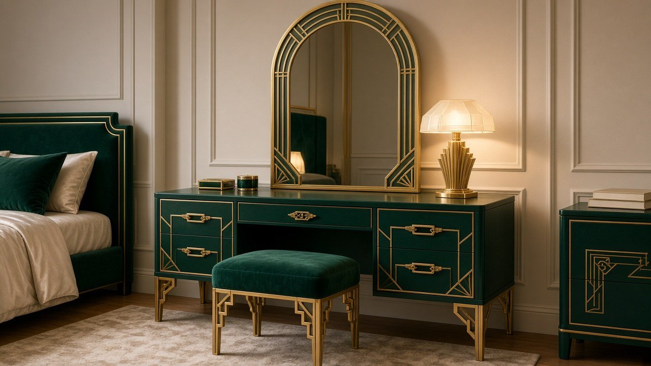 Arched brass mirror above a vanity with a marble tray holding perfume bottles in a blush bedroom