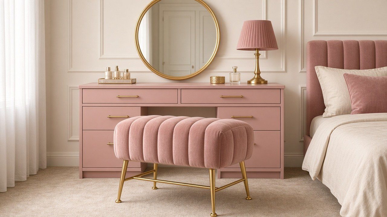 Blush pink velvet vanity stool tucked under a cream vanity table in a sunny bedroom