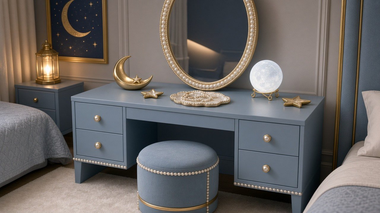 Vanity styled with pearl trinket dishes, an opalescent tray and silver star accents in a pastel bedroom