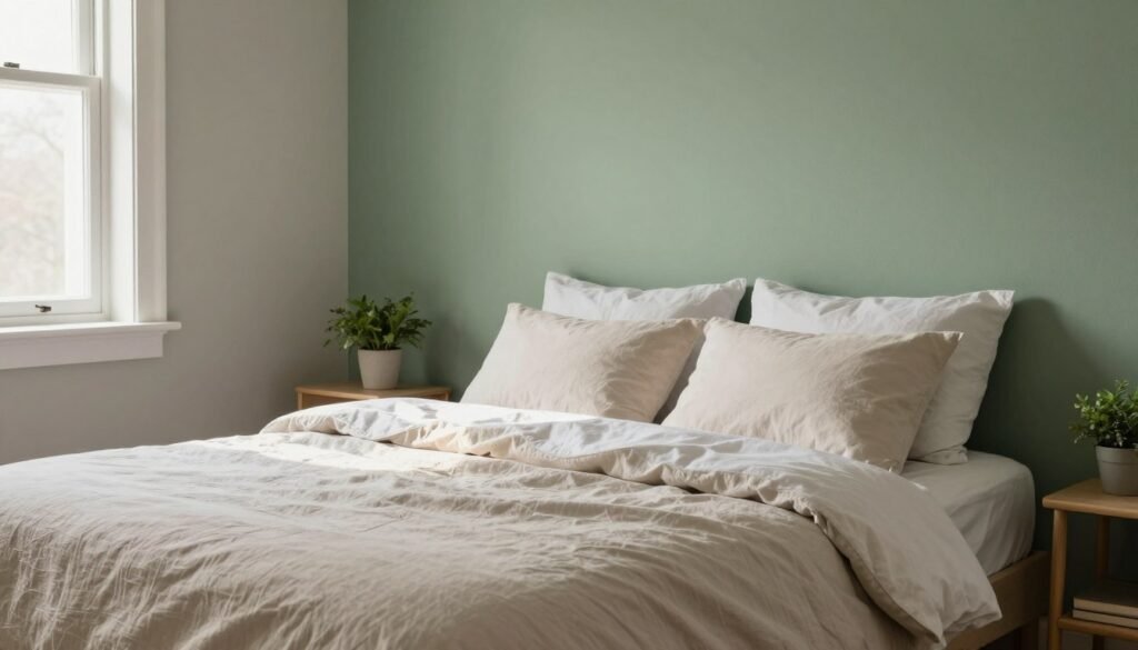 A cozy bedroom featuring a neatly made bed adorned with soft, neutral-toned bedding. The backdrop showcases a muted green painted accent wall, adding a serene and inviting touch. Natural light streams in through a nearby window, creating warm highlights across the room. A simple bedside table holds a small potted plant for a touch of greenery, while minimal clutter enhances the tranquil atmosphere. The angle captures the bed in the foreground with the accent wall prominently in the middle, enveloping the scene in a soothing ambiance. The overall mood is calm and welcoming, perfect for a DIY decor inspiration.