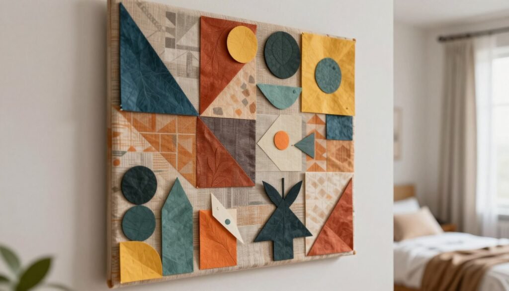 Handmade paper shapes in various sizes and vibrant colors are artfully arranged on a patterned fabric panel, creating a captivating wall art display. In the foreground, the intricate details of the paper shapes are highlighted, showcasing their unique textures. The middle-ground features the vibrant fabric, adorned with geometric patterns in warm, neutral tones. In the background, a softly lit bedroom setting exudes coziness, with minimal clutter and natural light filtering through sheer curtains, illuminating the scene. The overall atmosphere is inviting and creative, emphasizing a sense of DIY charm and aesthetic appeal. The angle is slightly elevated, providing a clear view of the wall art in its cozy environment.