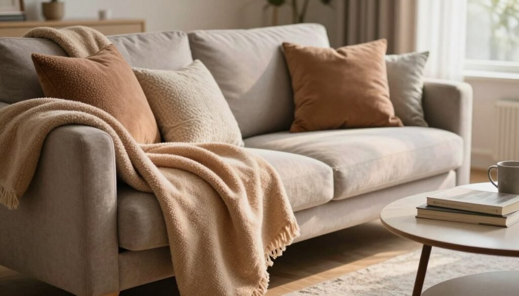 Soft throw and pillows adding texture to a living room sofa Soft throw and pillows adding texture to a living room sofa