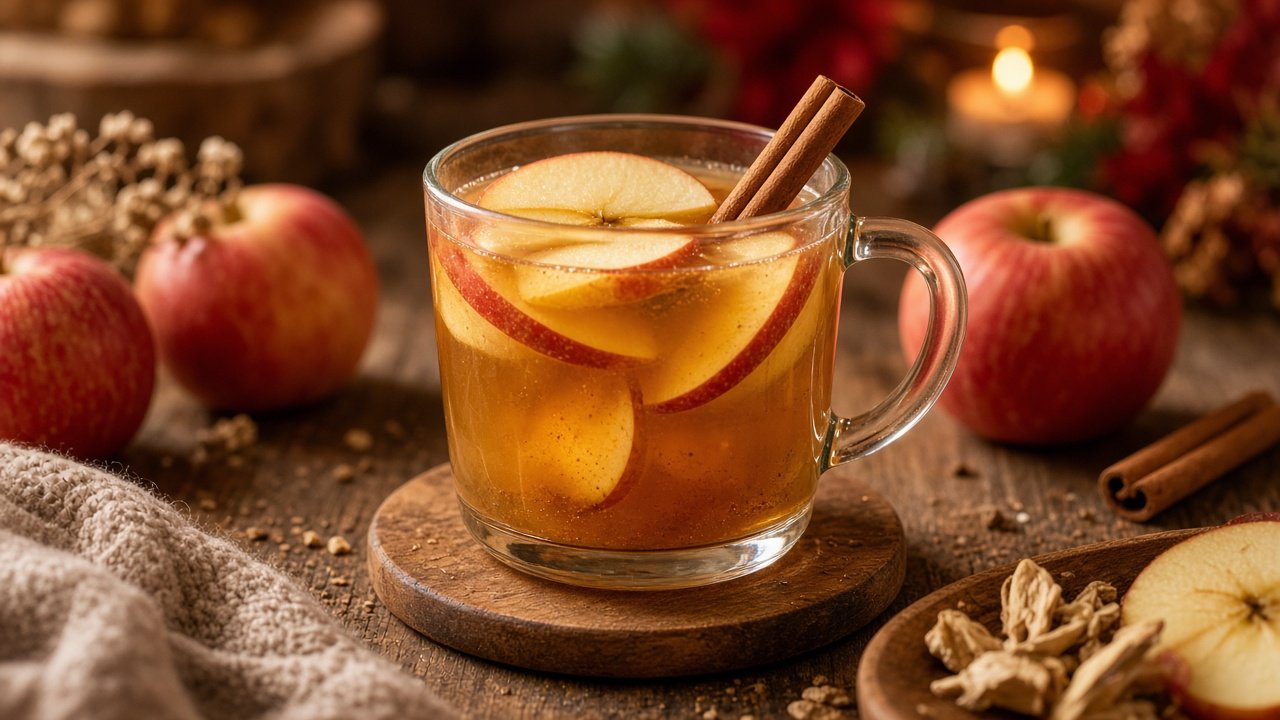 warm spiced apple juice in a glass mug, apple slices, cinnamon sticks, autumn leaves