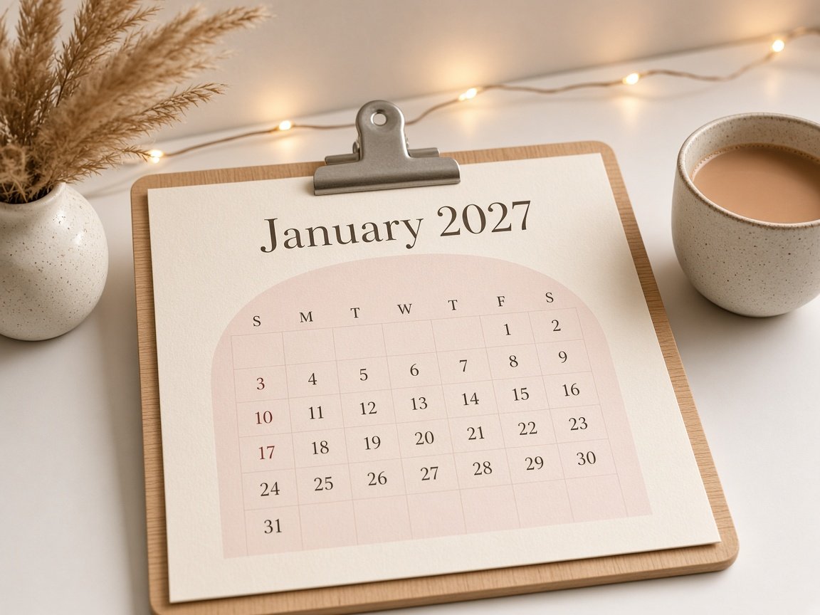 January 2027 calendar page with the date grid inside a soft blush arch shape on cream paper, on a wooden clipboard with chai and pampas