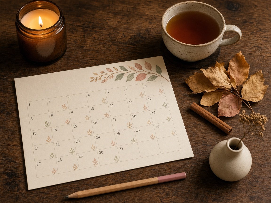 Autumn monthly 2027 calendar page on a wooden desk with a lit candle, tea, dried leaves and a cinnamon stick