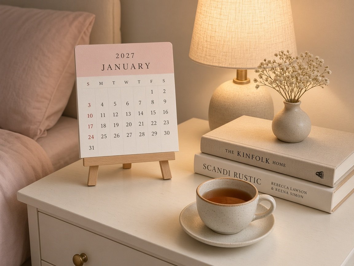 Small aesthetic 2027 calendar on a mini wooden easel on a cream bedside table with lamp, books, tea and baby's breath vase
