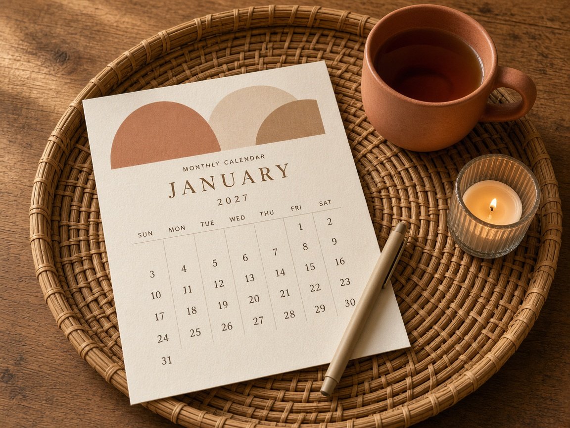 Boho 2027 calendar design in terracotta and sand tones with arch shapes on a rattan tray