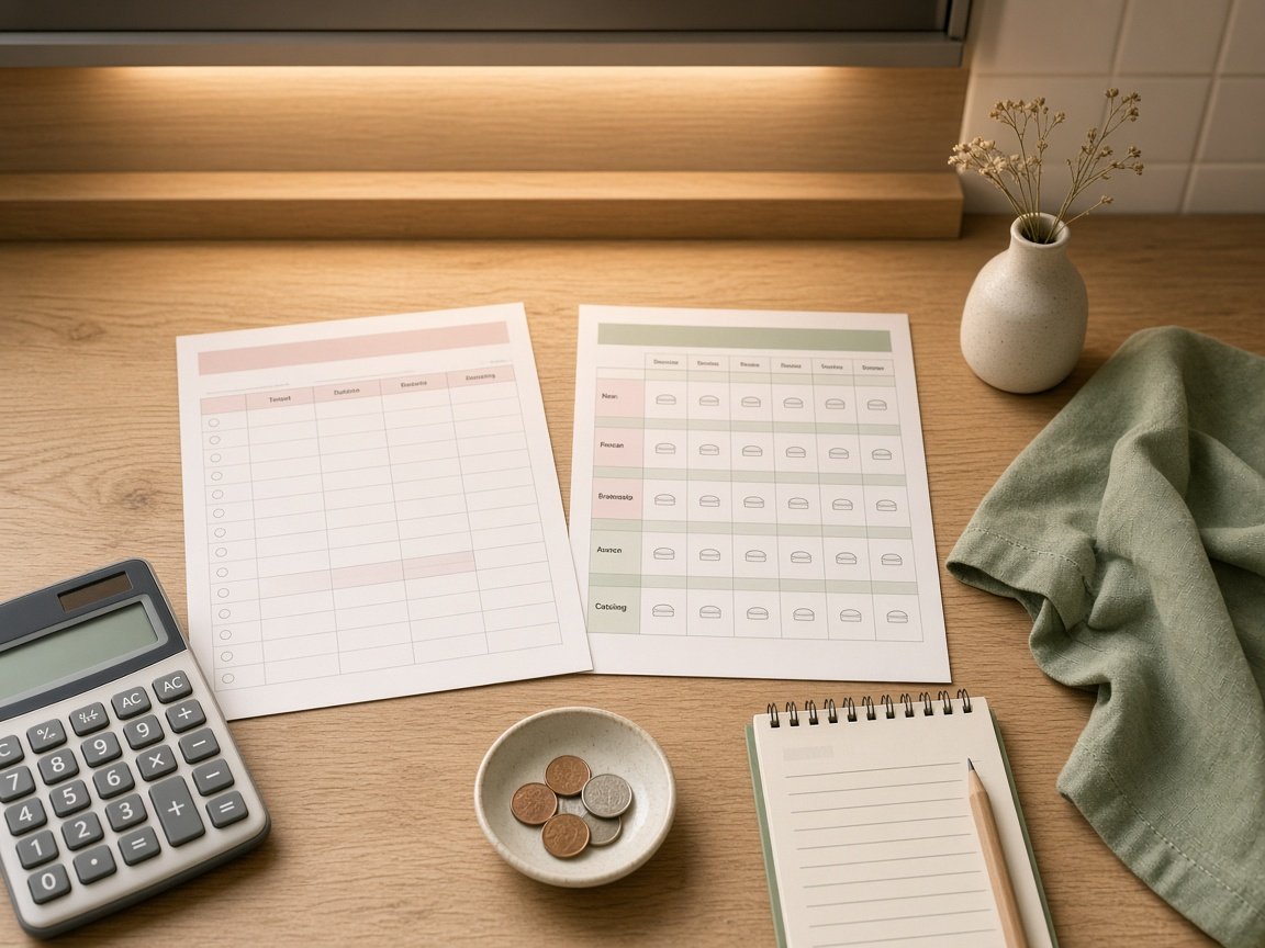 Monthly budget tracker and meal plan pages for a 2027 calendar planner on a kitchen counter with a calculator and coins