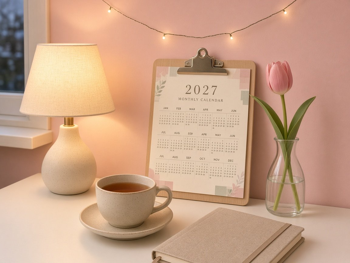 Aesthetic 2027 calendar on a wooden clipboard on a desk with a glowing lamp, tulip vase and string lights against a blush wall