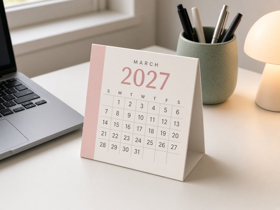 Blush pink and cream tent-style 2027 desk calendar design next to a laptop and sage pen cup