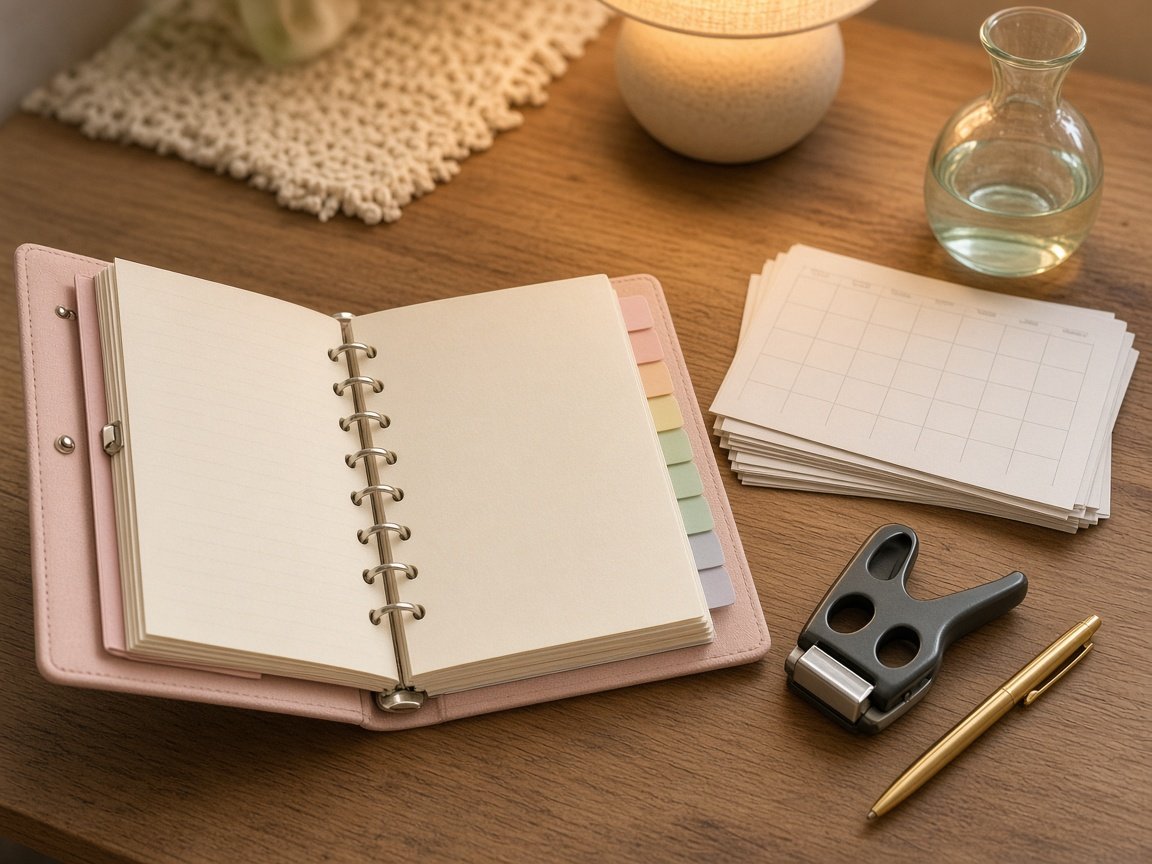 DIY 2027 calendar planner ring binder with pastel divider tabs, printed calendar pages, a hole punch and gold pen
