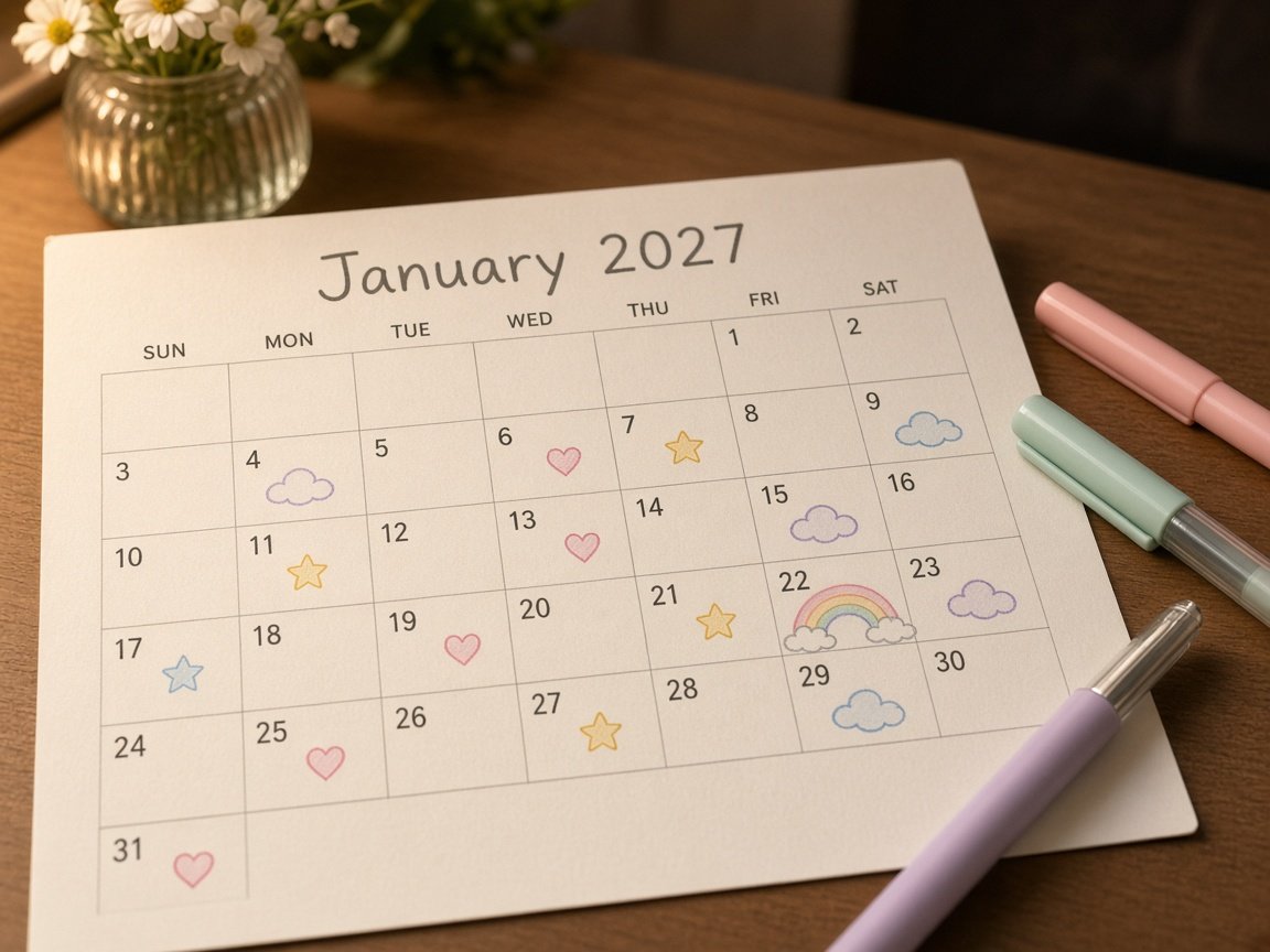 January 2027 calendar page with tiny hand-drawn pastel clouds, stars, hearts and a rainbow in the date boxes, with pastel gel pens