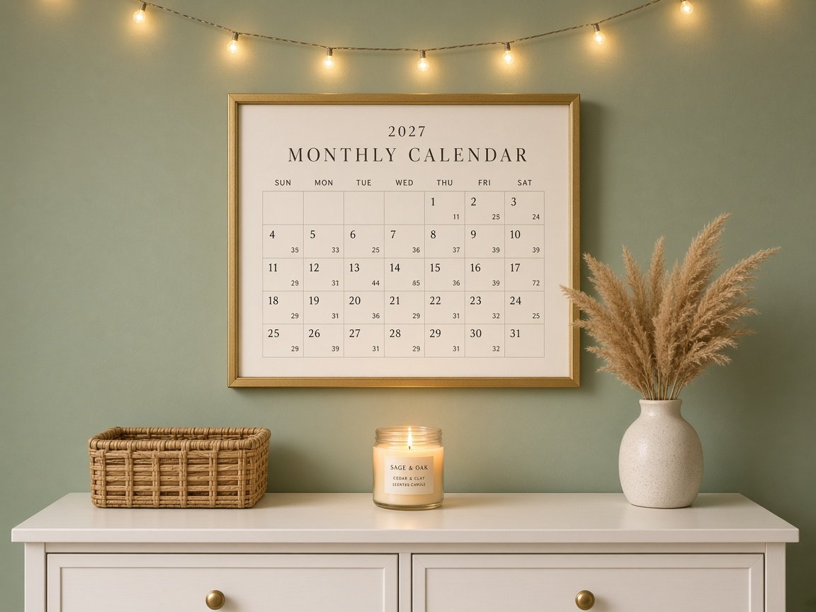 Aesthetic 2027 monthly calendar in a thin gold frame on a sage green wall above a white dresser with candle, basket and pampas vase