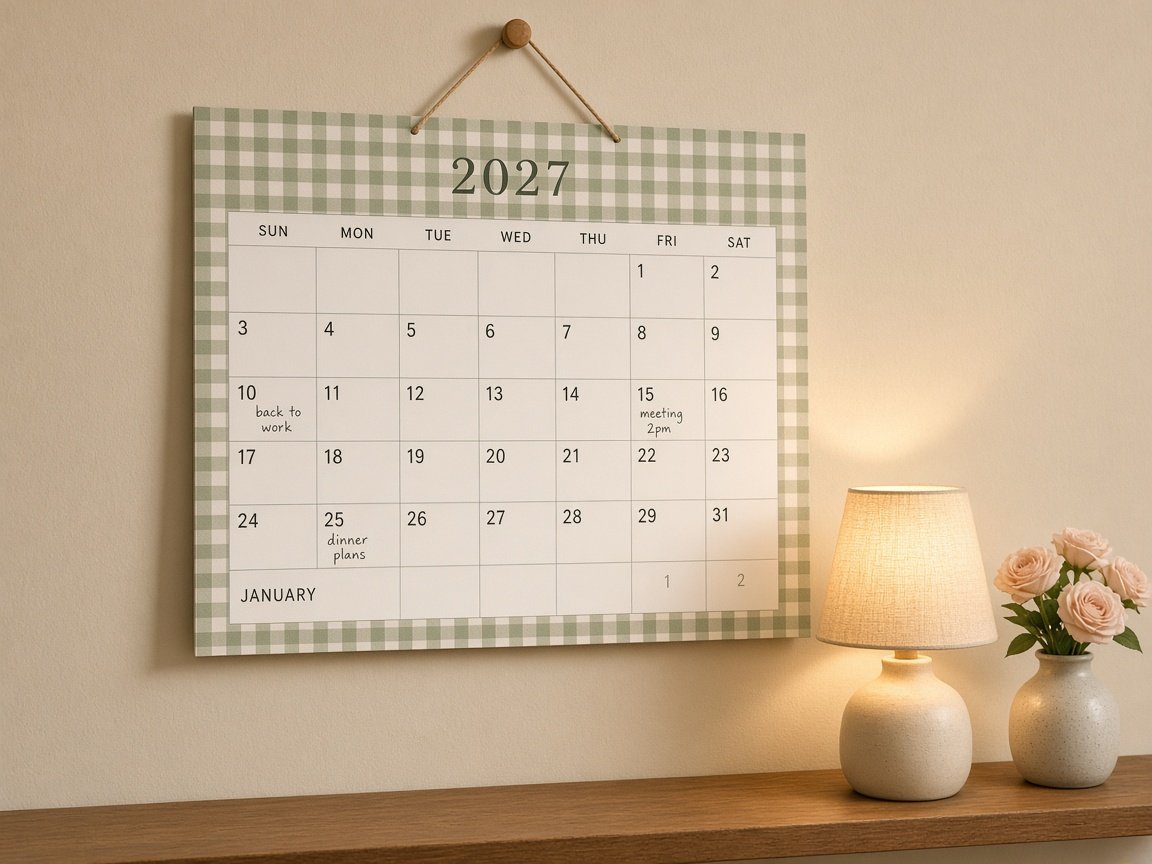 2027 wall calendar with a sage green gingham check border and white date boxes, hanging on a cream wall above a lamp and blush roses