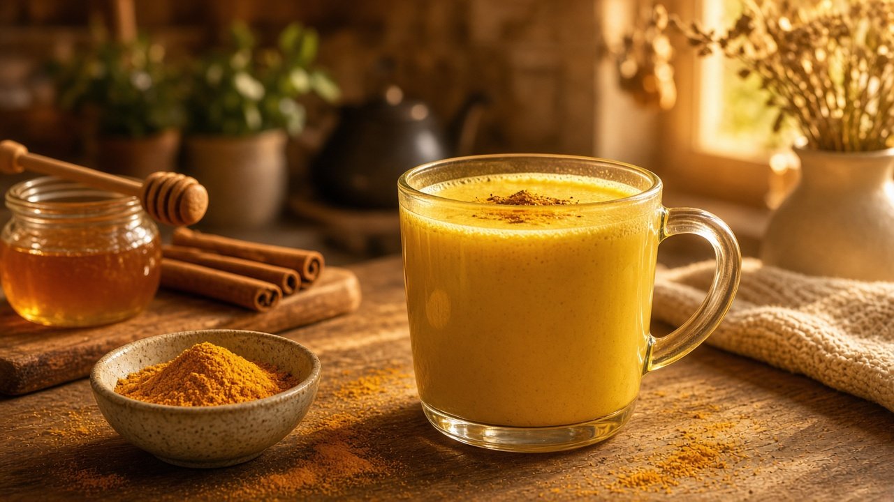 golden turmeric milk in a clay cup, turmeric powder, cinnamon, warm golden tones