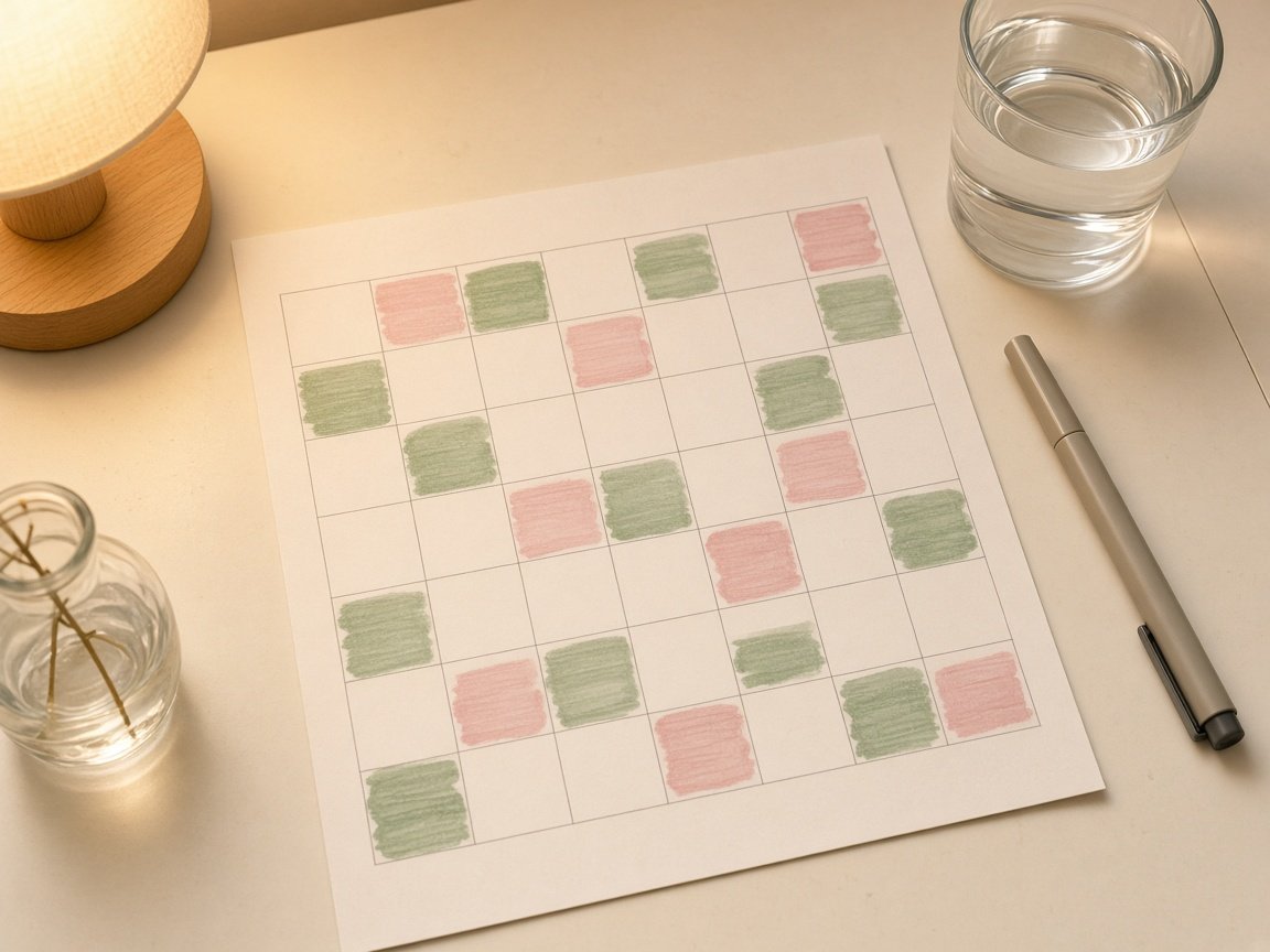 Habit and goal tracker 2027 calendar idea with colored check marks on a desk with a water glass and warm lamp