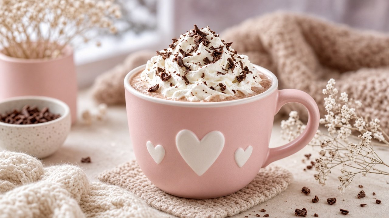 creamy hot chocolate in a ceramic mug with cocoa dusting, cinnamon stick, cozy knit background