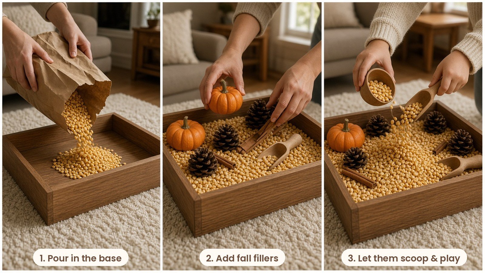 Step by step photos: Wooden tray sensory bin filled with dried corn, mini pumpkins, pinecones and wooden scoops for toddlers