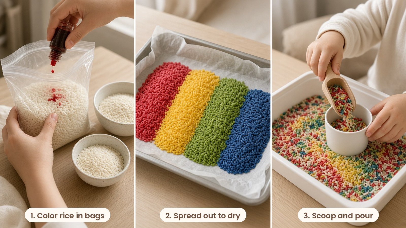 Step by step photos: Making rainbow rice for a toddler sensory bin, from dyeing rice in bags to scooping colorful rice in a white tray
