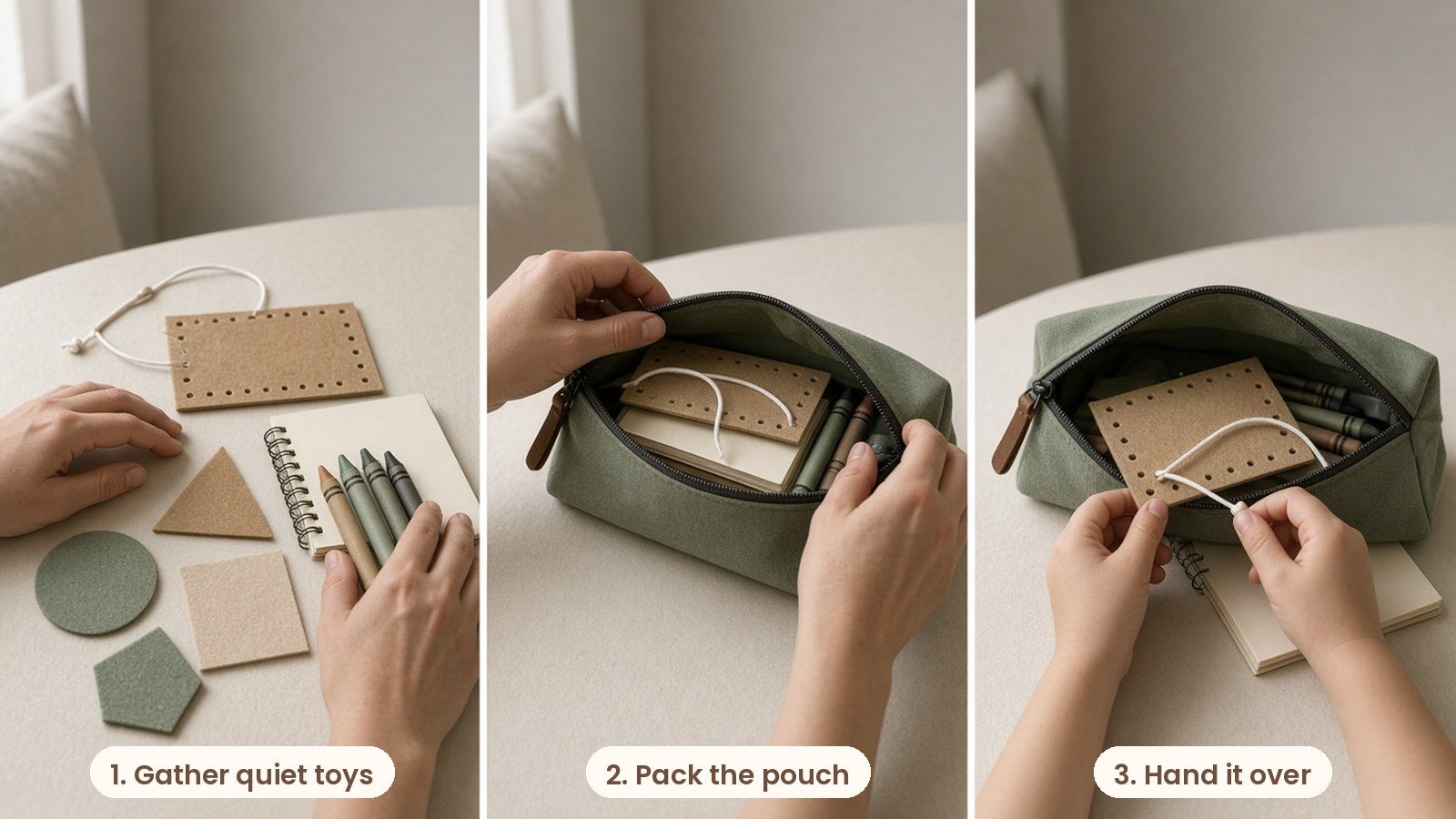 Step by step photos: Canvas zip pouch busy bag with felt shapes, pipe cleaners, lacing cards and a small wooden puzzle on a cream table