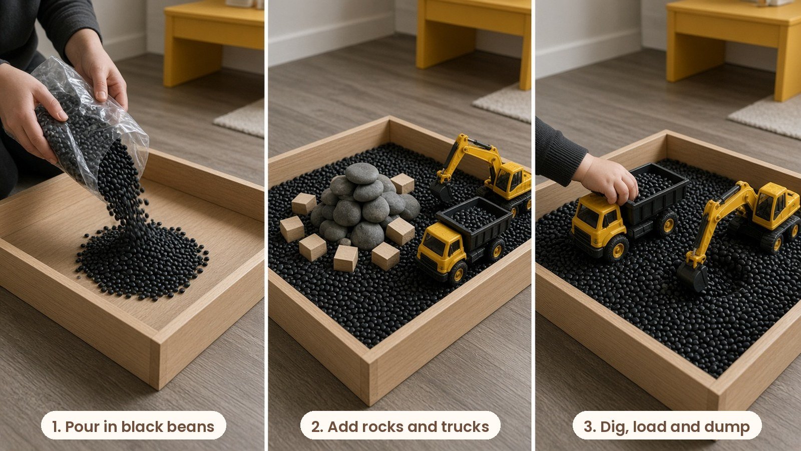 Step by step photos: Construction zone sensory bin with black beans, toy dump trucks, diggers and small rocks in a light wood tray