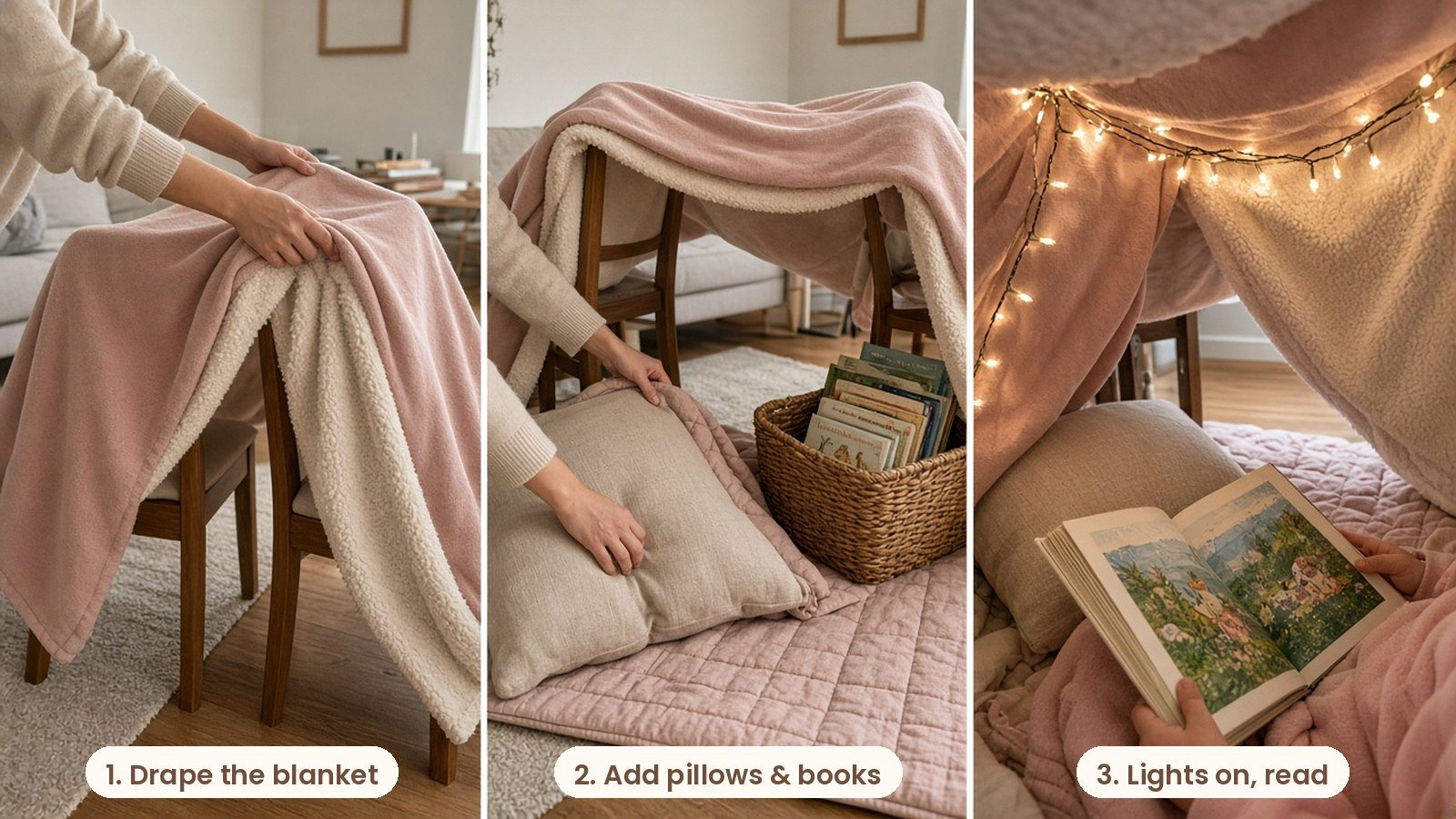Step by step photos: Cozy blanket fort with warm fairy lights, floor cushions and a basket of children's picture books