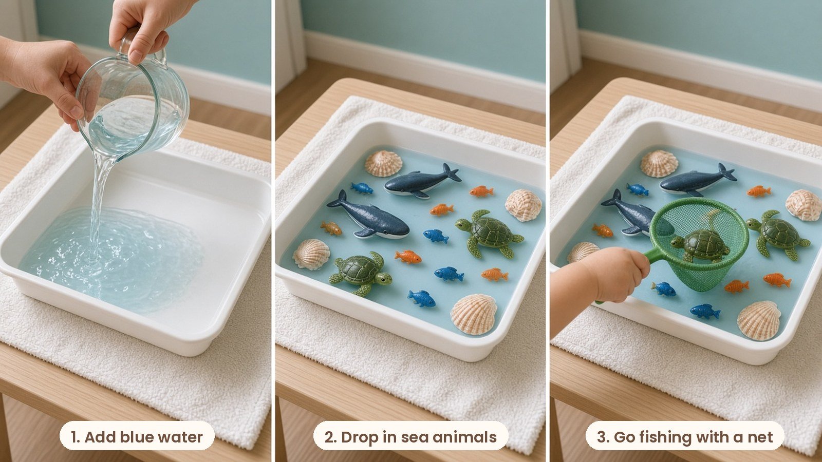 Step by step photos: Ocean sensory bin with blue water, toy sea animals, seashells and a small net in a white tray