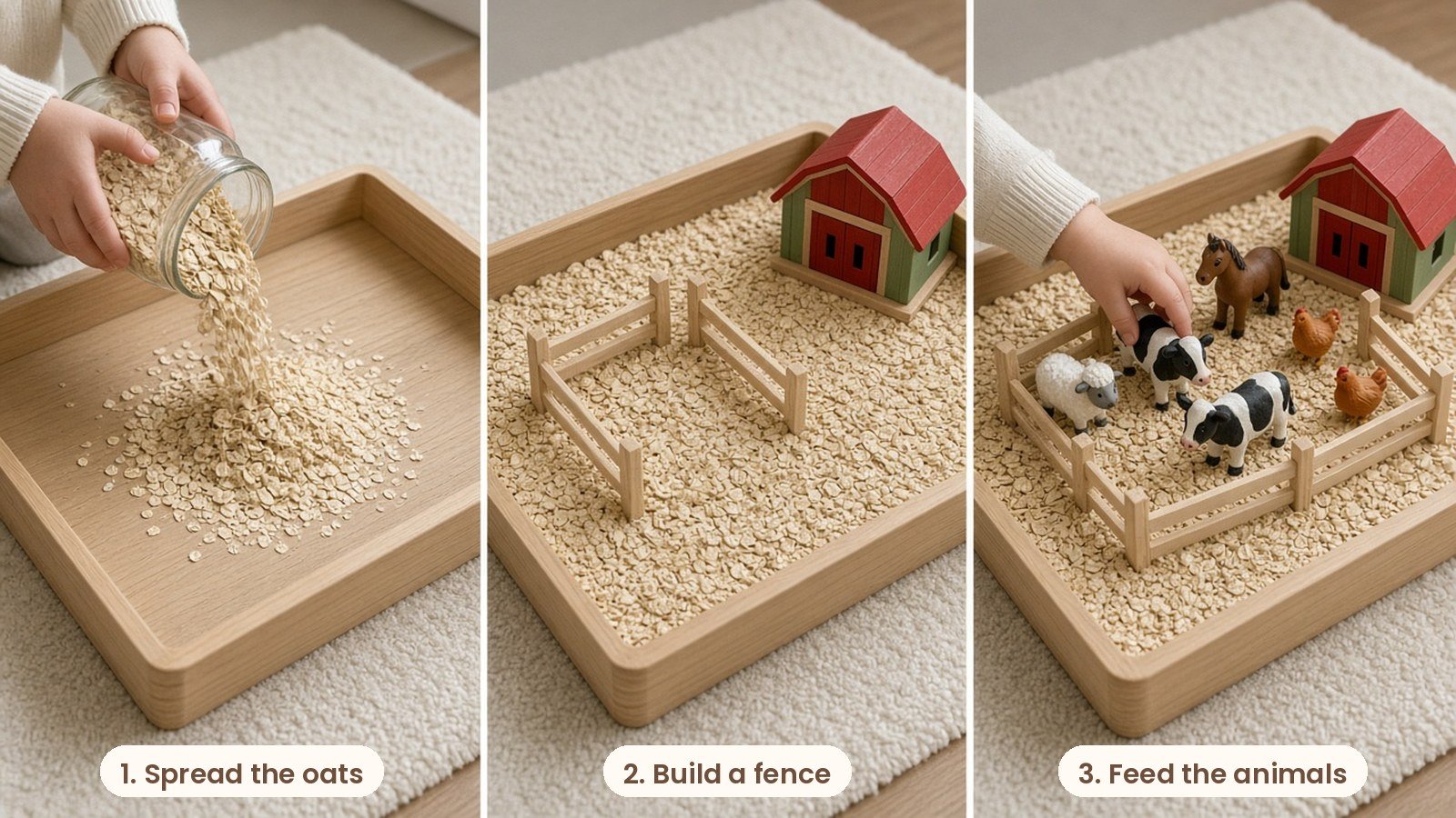 Step by step photos: Farm sensory bin with rolled oats, toy cows, sheep, horses and chickens with a small wooden fence