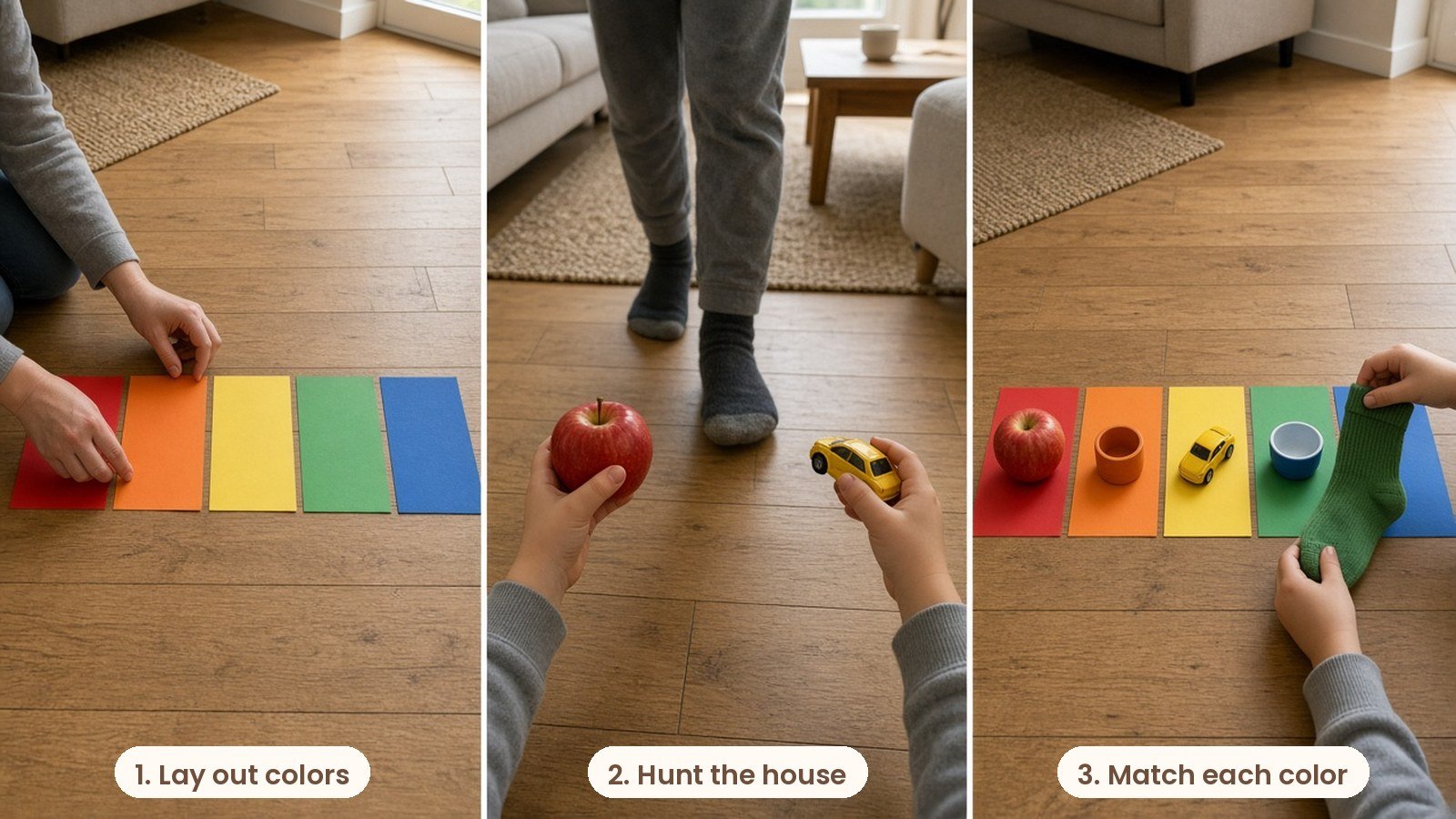 Step by step photos: Child's hands sorting household objects onto red, orange, yellow, brown and green paper color cards on a wooden floor