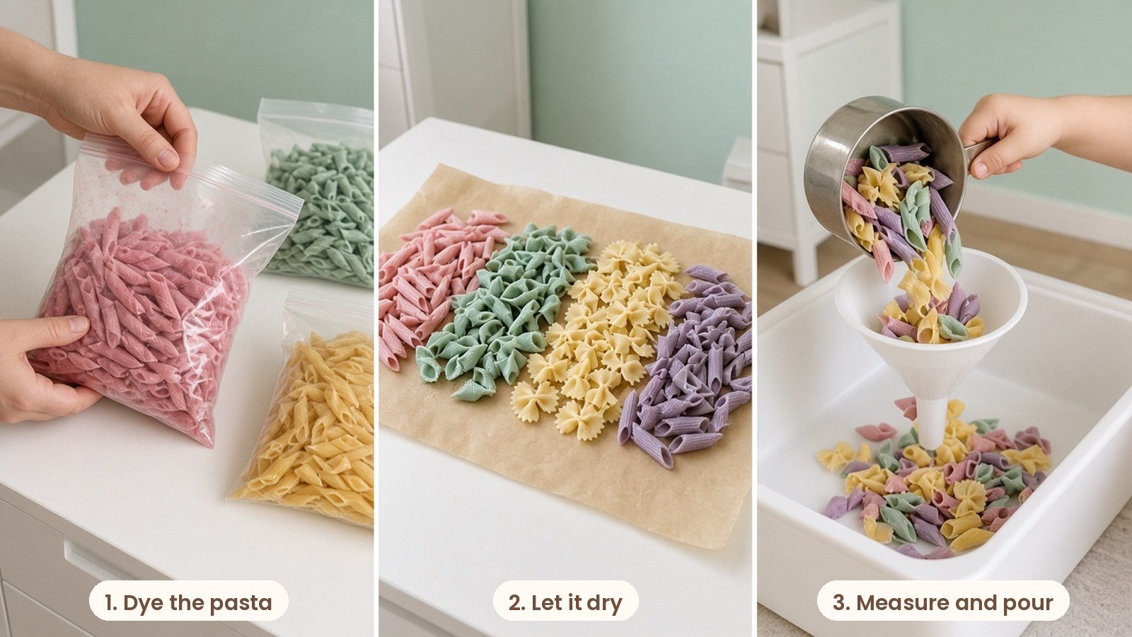 Step by step photos: Pasta sensory bin with dyed penne and bow tie pasta, measuring cups and a funnel in a white tray