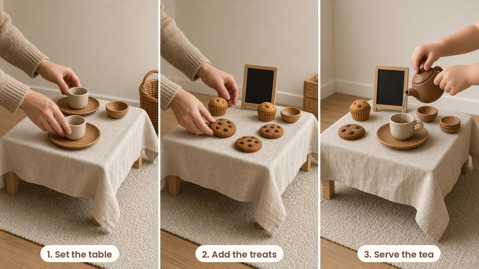 Step by step photos: Pretend play cafe with felt cookies, wooden play cups, a tiny chalkboard menu and a toy cash box on a small table