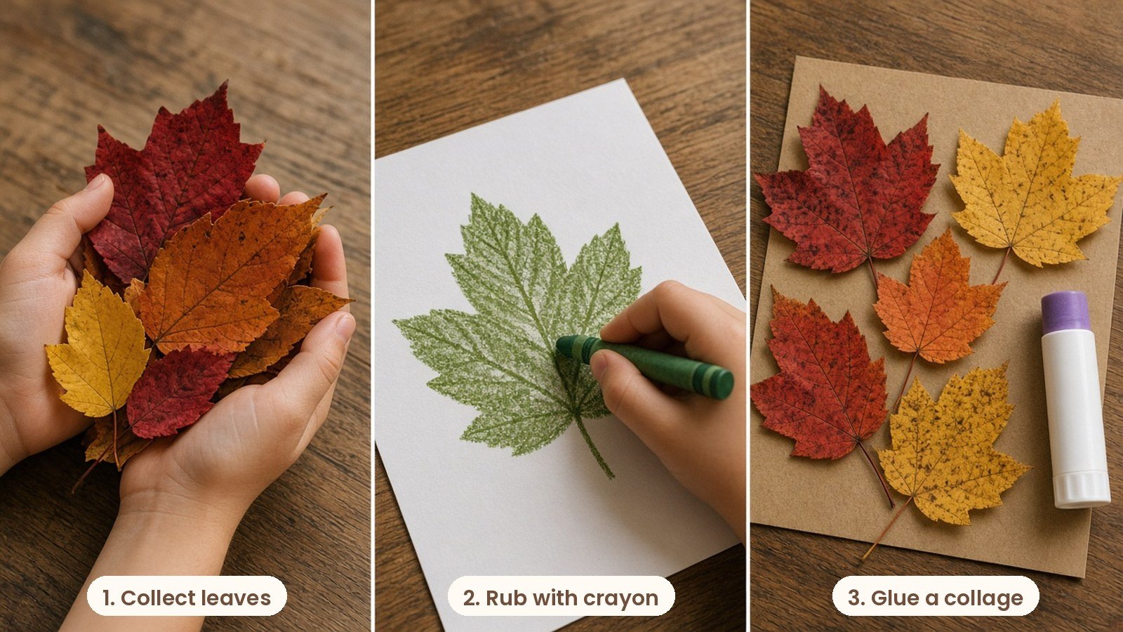 Step by step photos: Crayon leaf rubbings and a collage of pressed autumn leaves glued on kraft paper on a wooden table