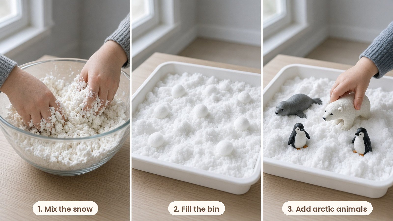 Step by step photos: Winter sensory bin with homemade fake snow, toy polar bears, penguins and cotton balls in a white tray