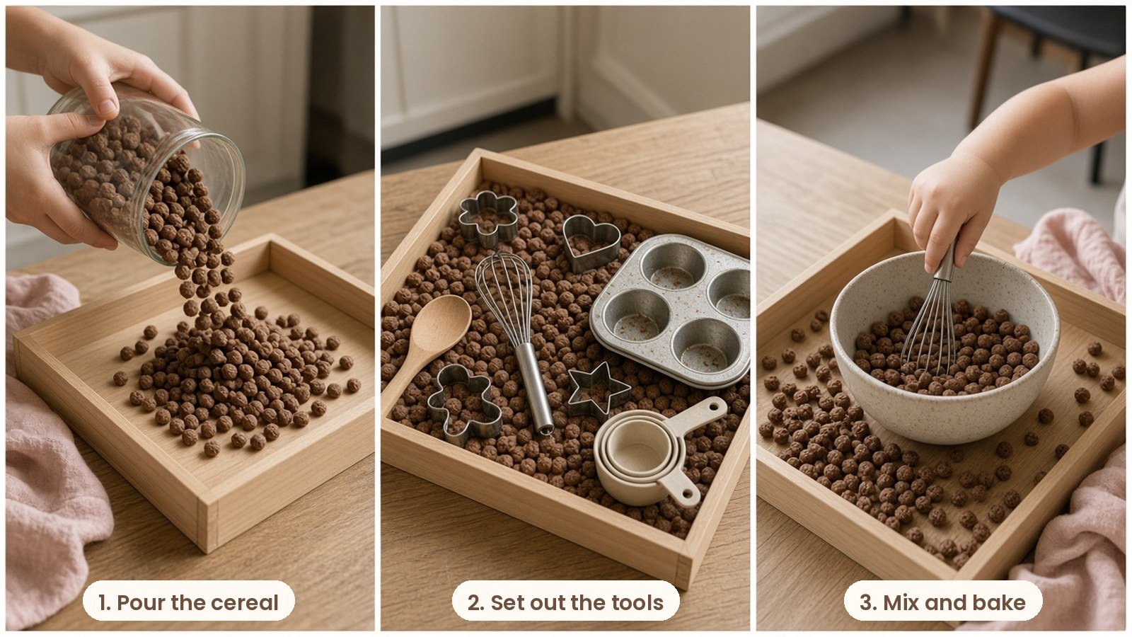 Step by step photos: Pretend baking sensory bin with cocoa cereal, cookie cutters, a whisk and mixing bowls in a light wood tray