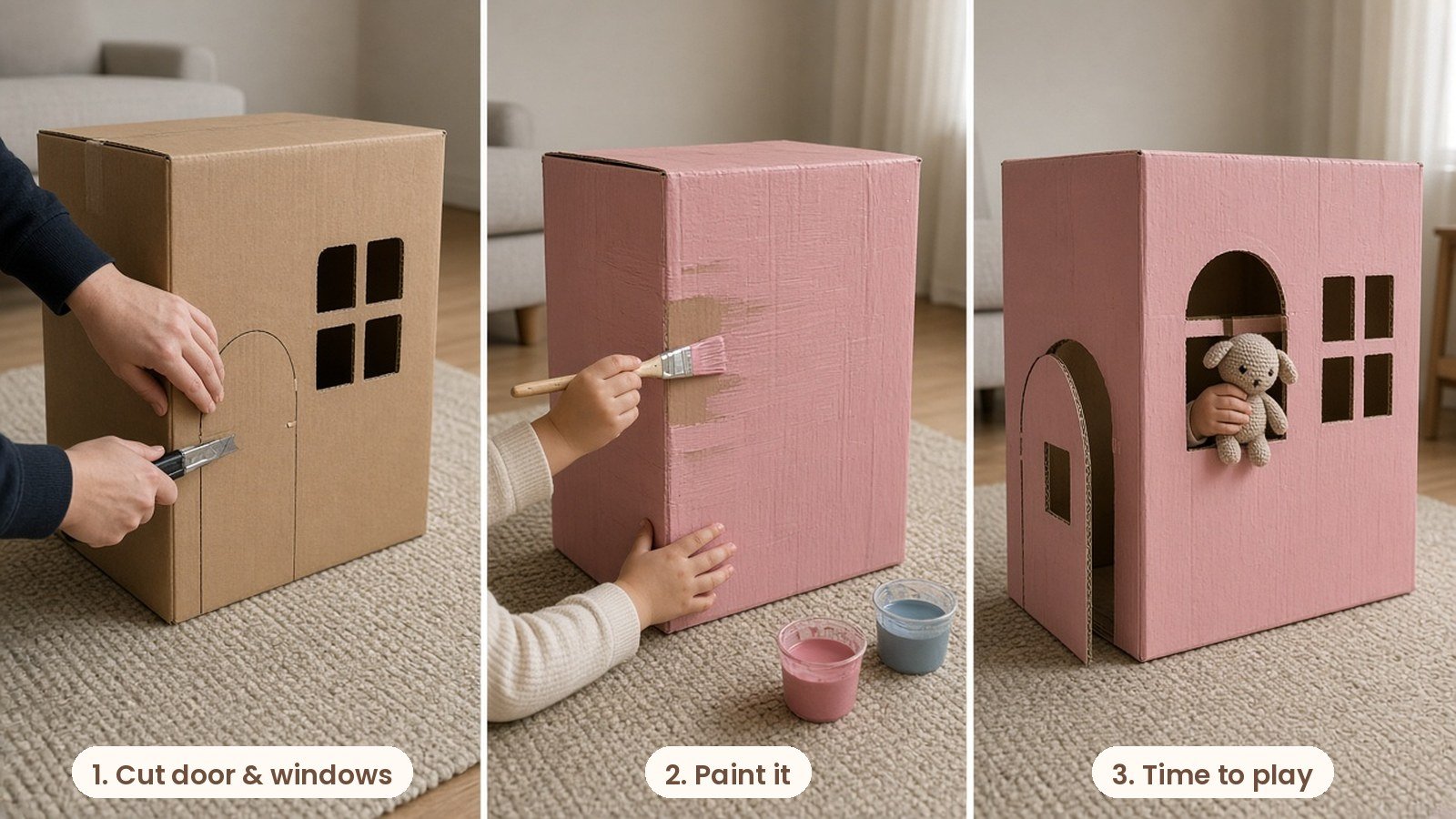 Step by step photos: Large cardboard box painted into a little house with a door and windows, with paint cups and brushes beside it