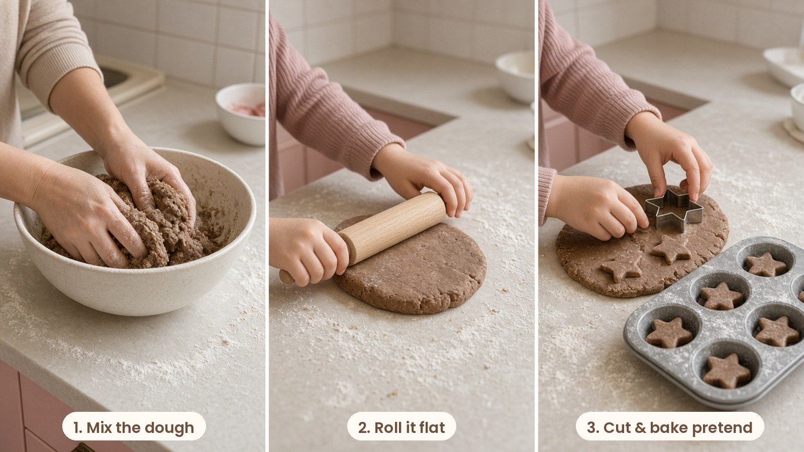Step by step photos: Homemade cinnamon playdough with cookie cutters, a small rolling pin and a muffin tin on a cream table