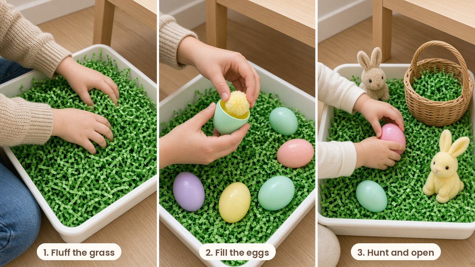 Step by step photos: Spring sensory bin with green crinkle paper grass, pastel plastic eggs and toy bunnies in a white tray