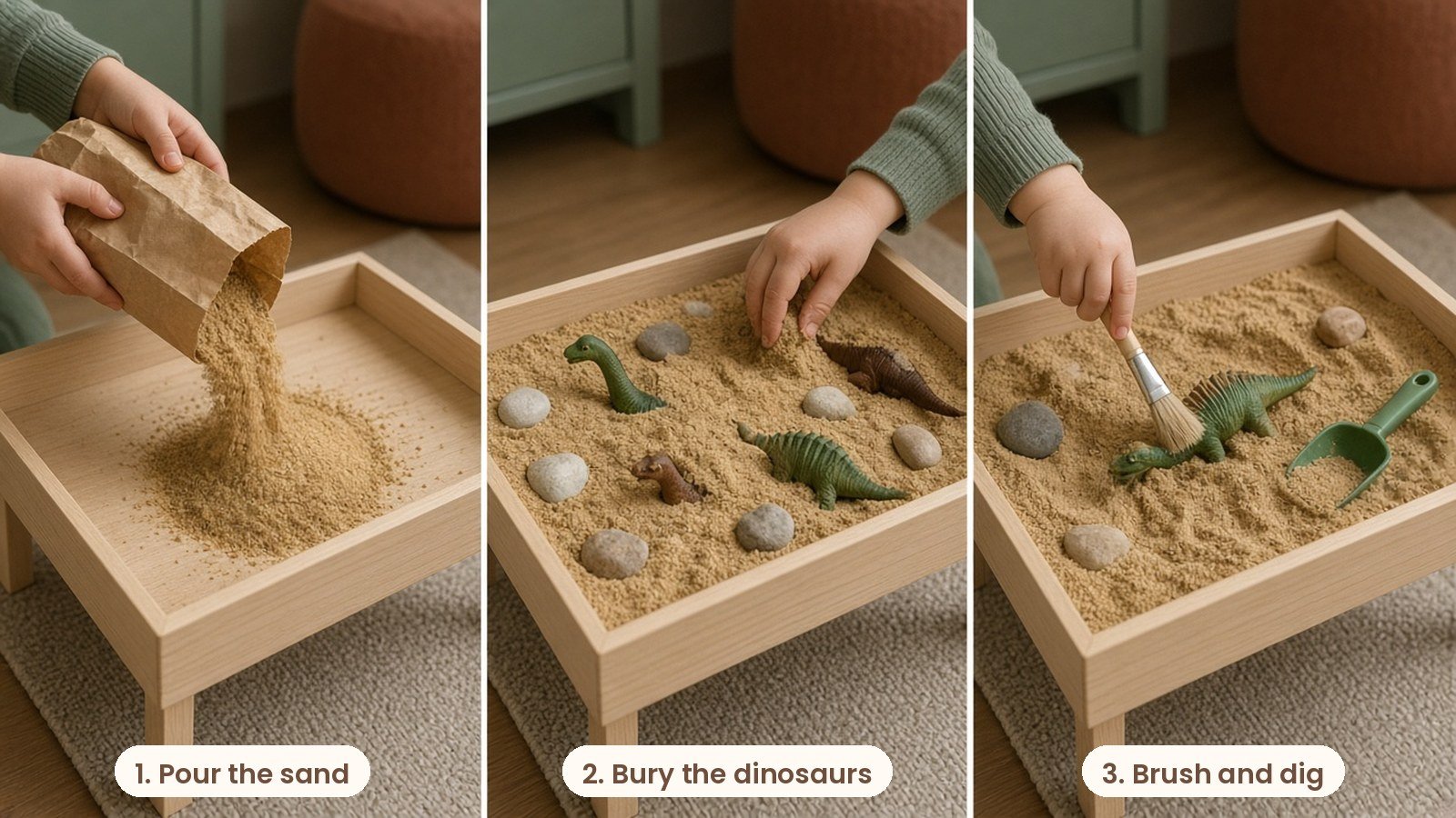Step by step photos: Dinosaur dig sensory bin with play sand, toy dinosaurs, rocks and paintbrushes in a light wood tray