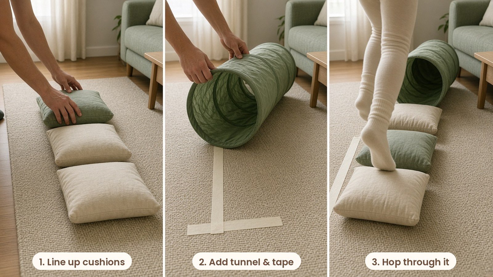 Step by step photos: Living room obstacle course with floor cushions, a fabric play tunnel, painter's tape lines and paper hop spots on a rug