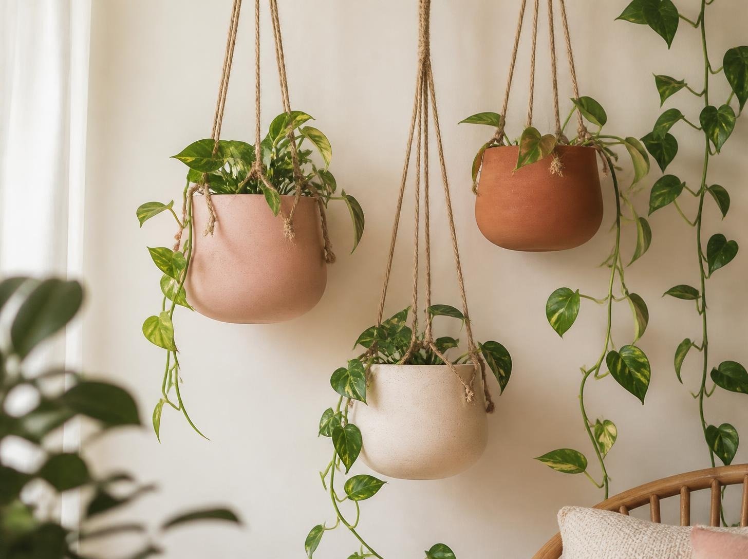 Painted blush and terracotta pots hanging on a cream wall with trailing pothos plants