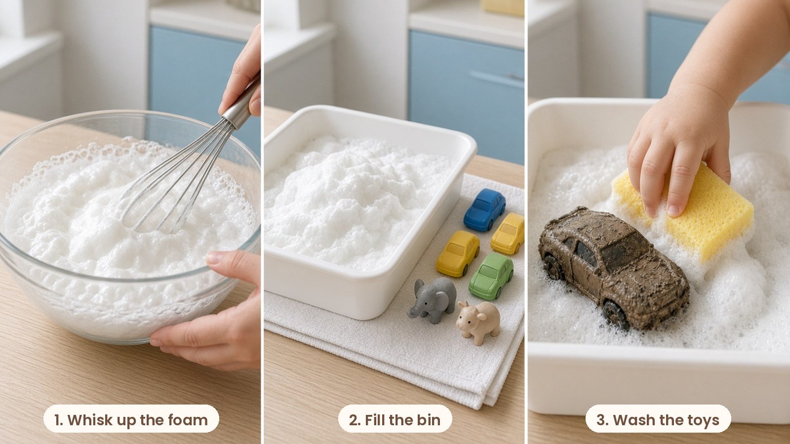 Step by step photos: Bubble foam sensory bin with soapy foam, a whisk, toy cars and animals being washed with a sponge