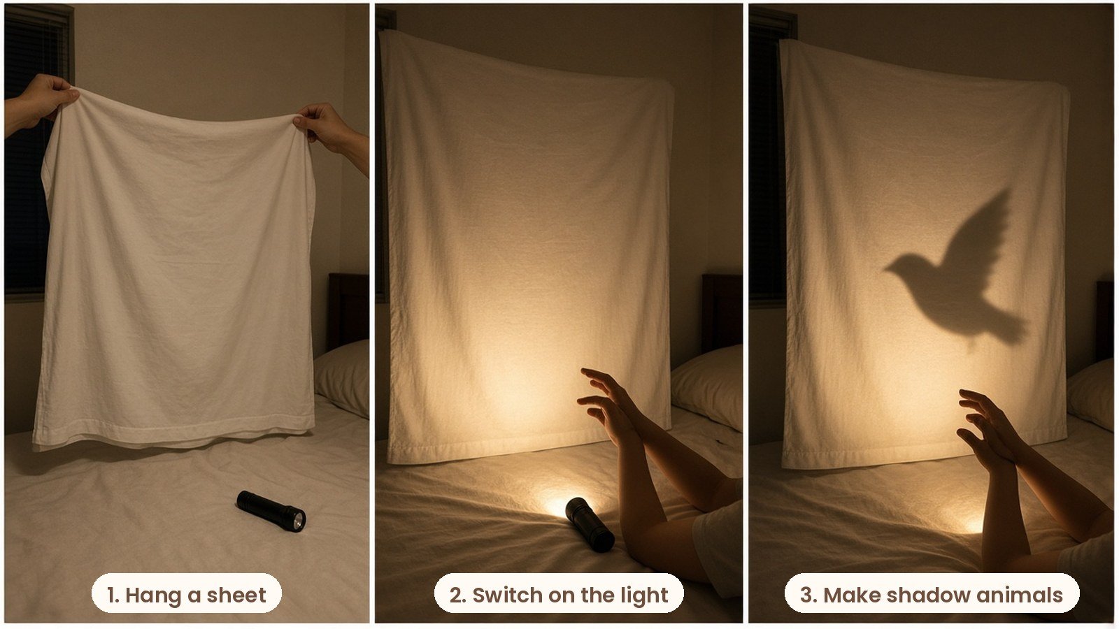 Step by step photos: Child's hands making a bird shadow on a cream wall with a flashlight in a dim cozy bedroom